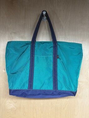LL Bean Boat and Tote Vintage Teal and Navy Nylon Tote Bag